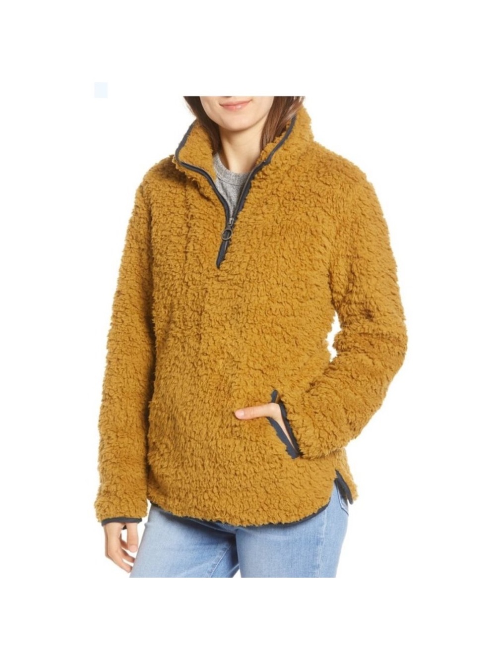 Thread & Supply Sherpa Fleece Pullover Teddy Quarter Zip Jacket Camel Medium